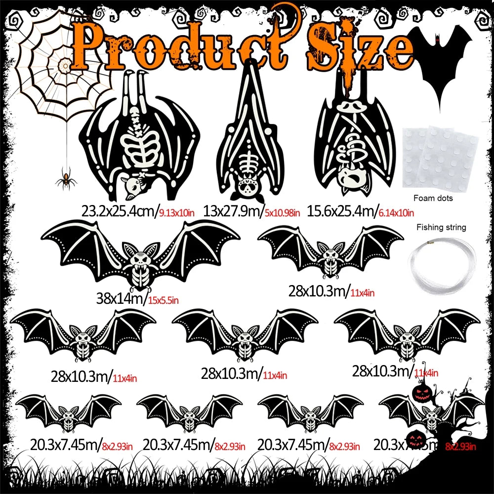 Halloween Hanging Bats Decorations Outdoor, 12Pcs 3D Glowing Hanging Flying Bat for Hanging in the Tree, Porch, Yard, Lawn