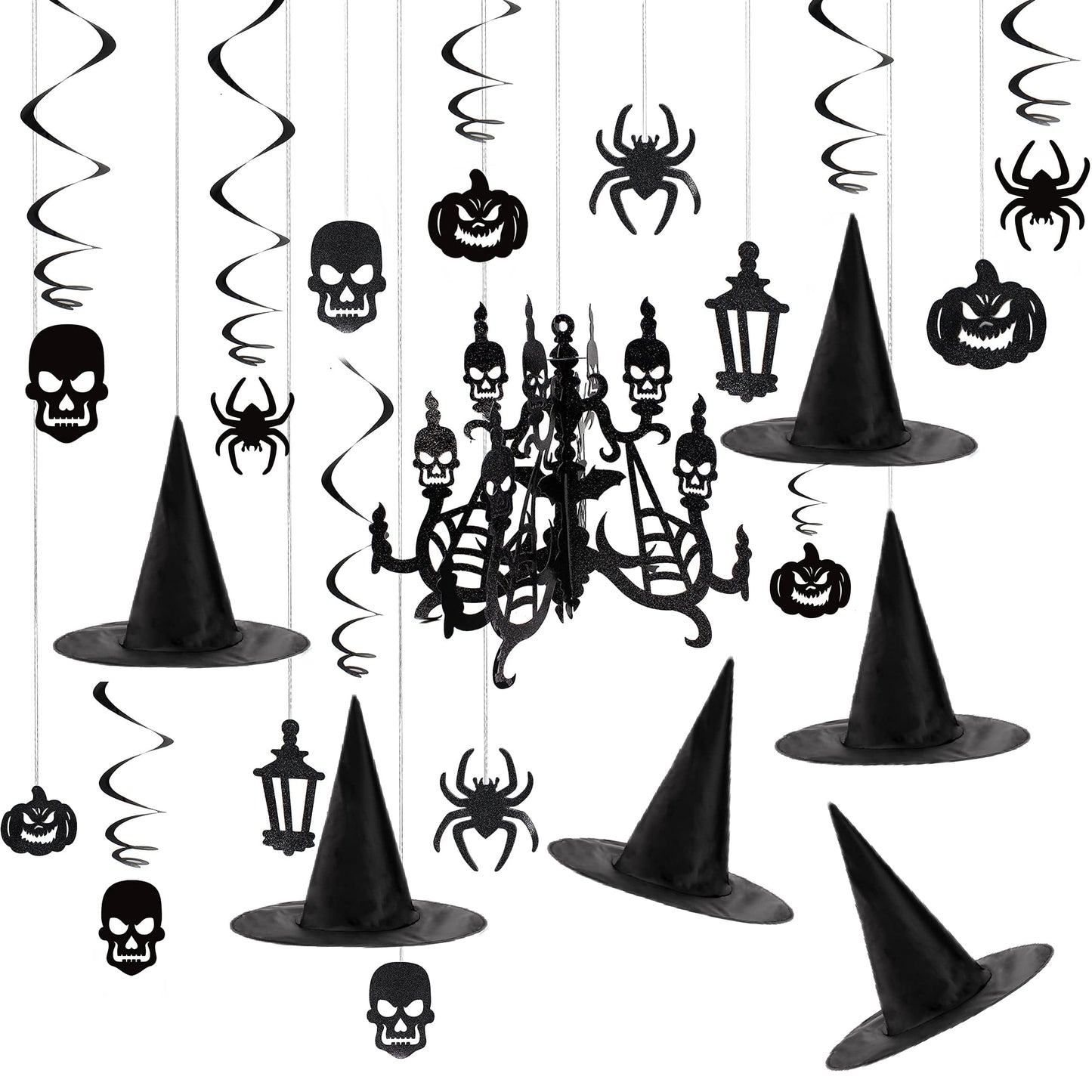 29 Pcs Halloween Hanging Swirl Decorations and Witch Hats,Halloween Decorations Indoor Birthday Party Supplies Decorations,Pumpkin Spider Ghost Decor