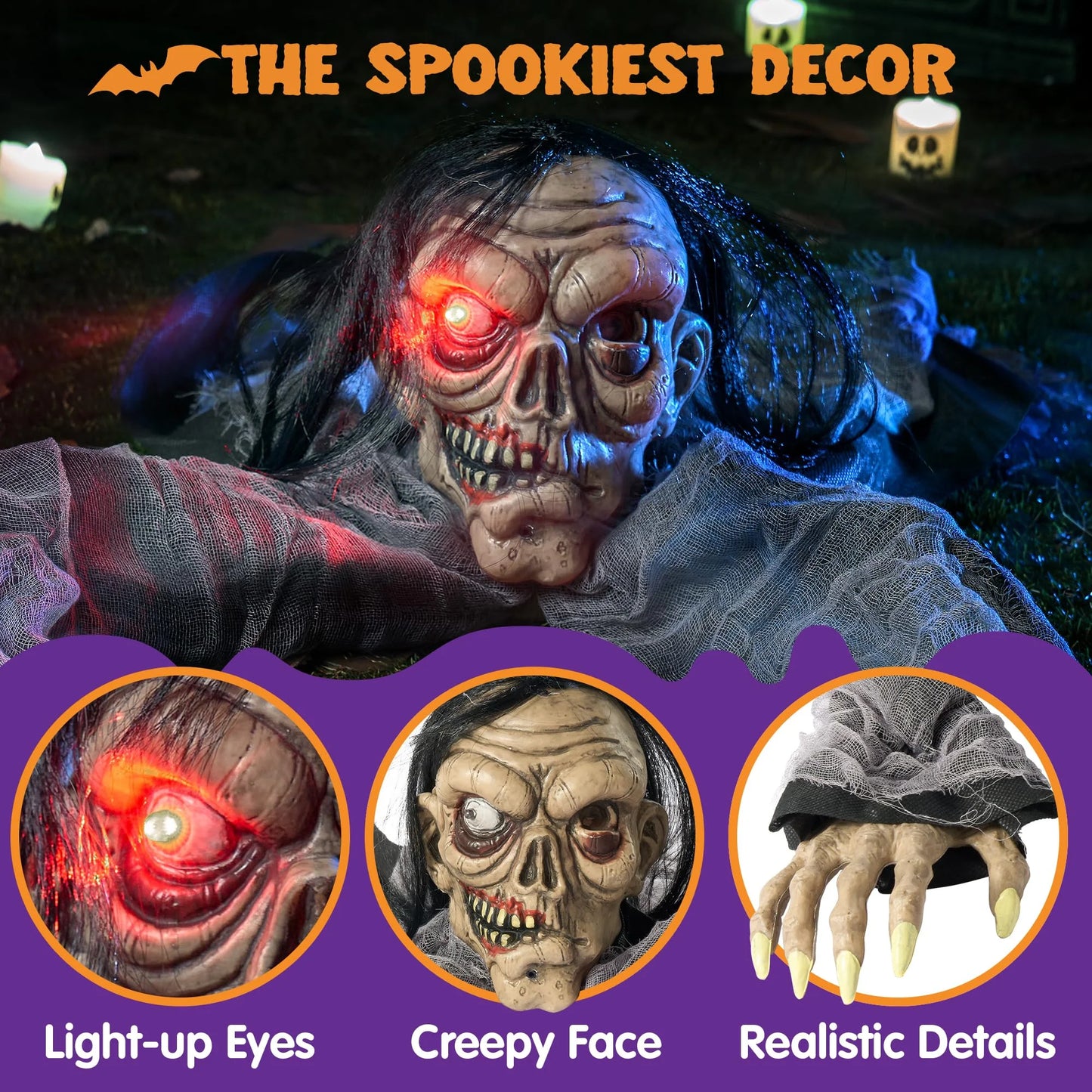 Halloween Groundbreaker Animated Halloween Decorations Zombie with Decayed Face and Movable Arms,Outdoor Scary Halloween Yard Decorations,Haunted House Decorations