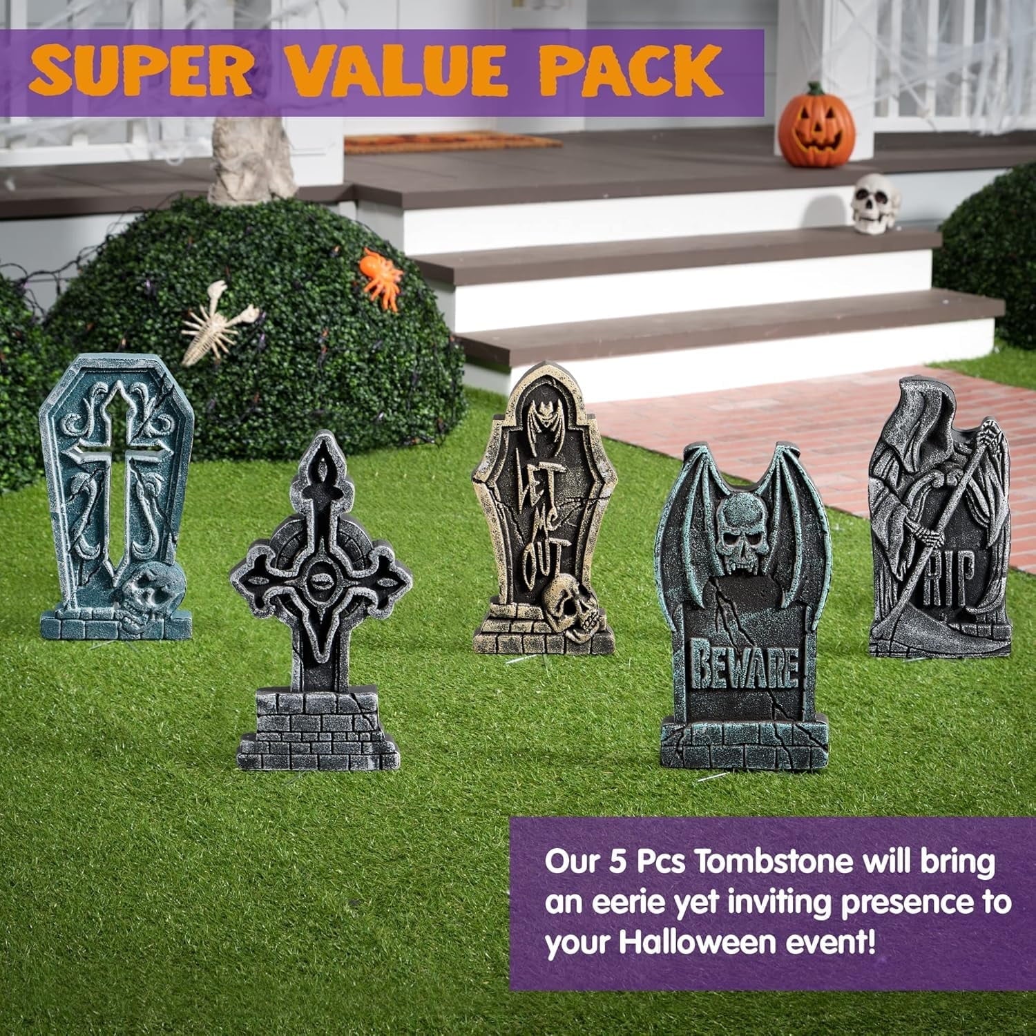 5 Pack 17 Inch Halloween Outdoor Tombstone Decorations, Halloween Foam Cemetery Headstones for Yard Lawn Outdoor Decorations