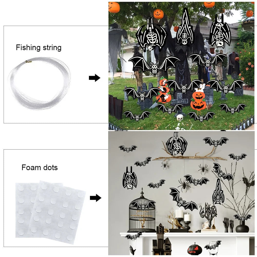 Halloween Hanging Bats Decorations Outdoor, 12Pcs 3D Glowing Hanging Flying Bat for Hanging in the Tree, Porch, Yard, Lawn