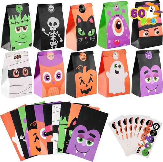 60 PCS Halloween Treat Bags with Stickers, Halloween Trick or Treat Bags for Kids Halloween Party Favors Exchange, Goodie and Candy Bags for Holiday Party Supplies