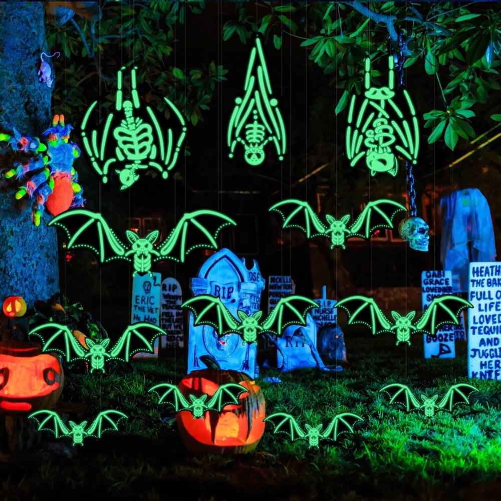 Halloween Hanging Bats Decorations Outdoor, 12Pcs 3D Glowing Hanging Flying Bat for Hanging in the Tree, Porch, Yard, Lawn
