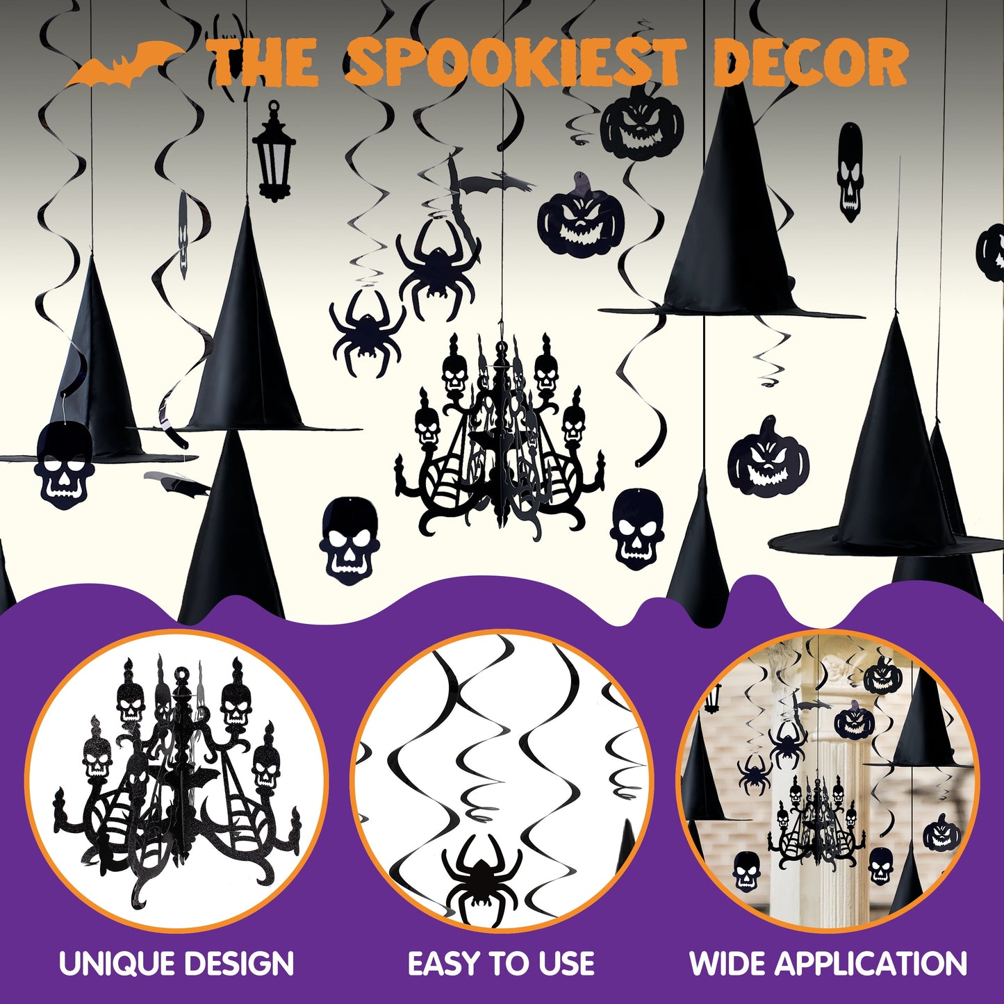 29 Pcs Halloween Hanging Swirl Decorations and Witch Hats,Halloween Decorations Indoor Birthday Party Supplies Decorations,Pumpkin Spider Ghost Decor