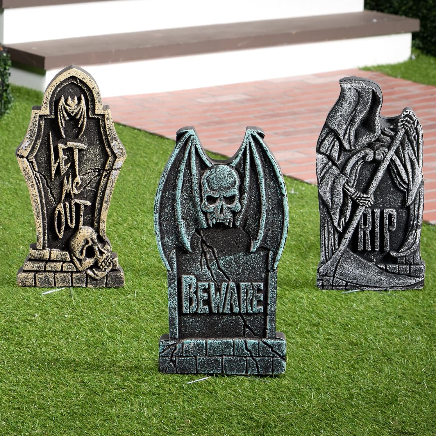 5 Pack 17 Inch Halloween Outdoor Tombstone Decorations, Halloween Foam Cemetery Headstones for Yard Lawn Outdoor Decorations
