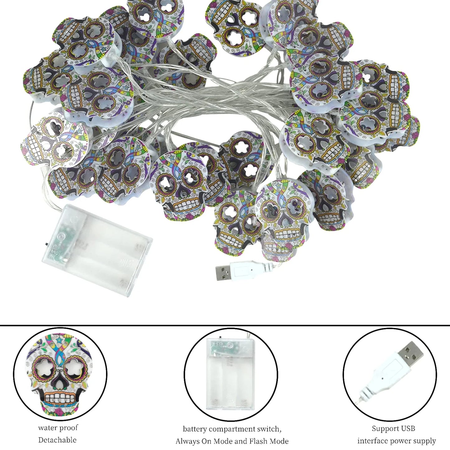 Halloween String Lights, 15Ft 30 LED Skull Halloween Lights Halloween Decorations Indoor Outdoor