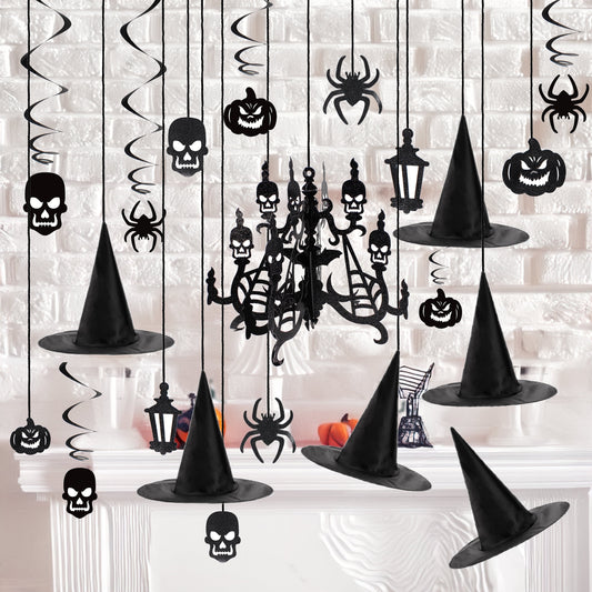 29 Pcs Halloween Hanging Swirl Decorations and Witch Hats,Halloween Decorations Indoor Birthday Party Supplies Decorations,Pumpkin Spider Ghost Decor