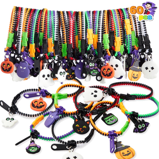 60 Pcs Halloween Zipper Bracelets Toys,Halloween Zipper Wristbands Toys Bulk for Party Favors,Halloween Goody Bag Fillers,Halloween Stretchy Toys for Classroom Prizes