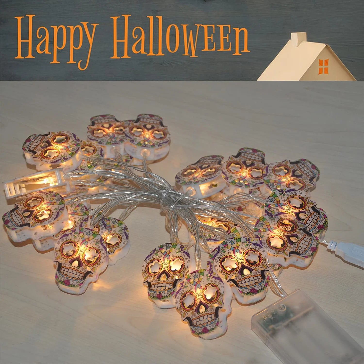 Halloween String Lights, 15Ft 30 LED Skull Halloween Lights Halloween Decorations Indoor Outdoor