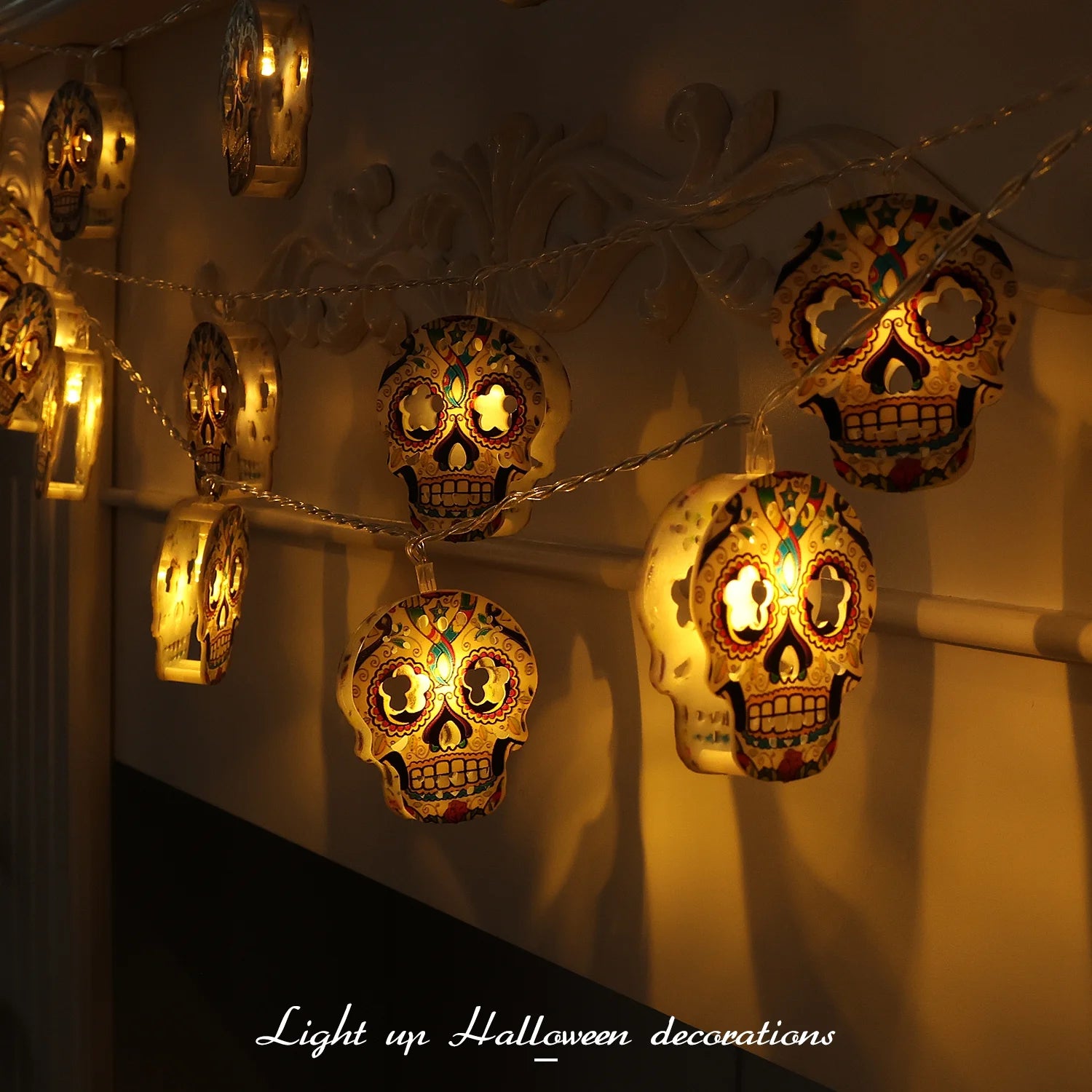 Halloween String Lights, 15Ft 30 LED Skull Halloween Lights Halloween Decorations Indoor Outdoor
