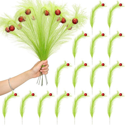 Christmas Tree Topper Set Simulation Plants Xmas Tree Branch Christmas Ornament Green Furry Faux Pampas Grass Bendable Picks Curly Artificial Stems with Berry Red Ball for Christmas Tree Decorations Wreath Vase Filler, Holiday Home Festival Craft Supplies