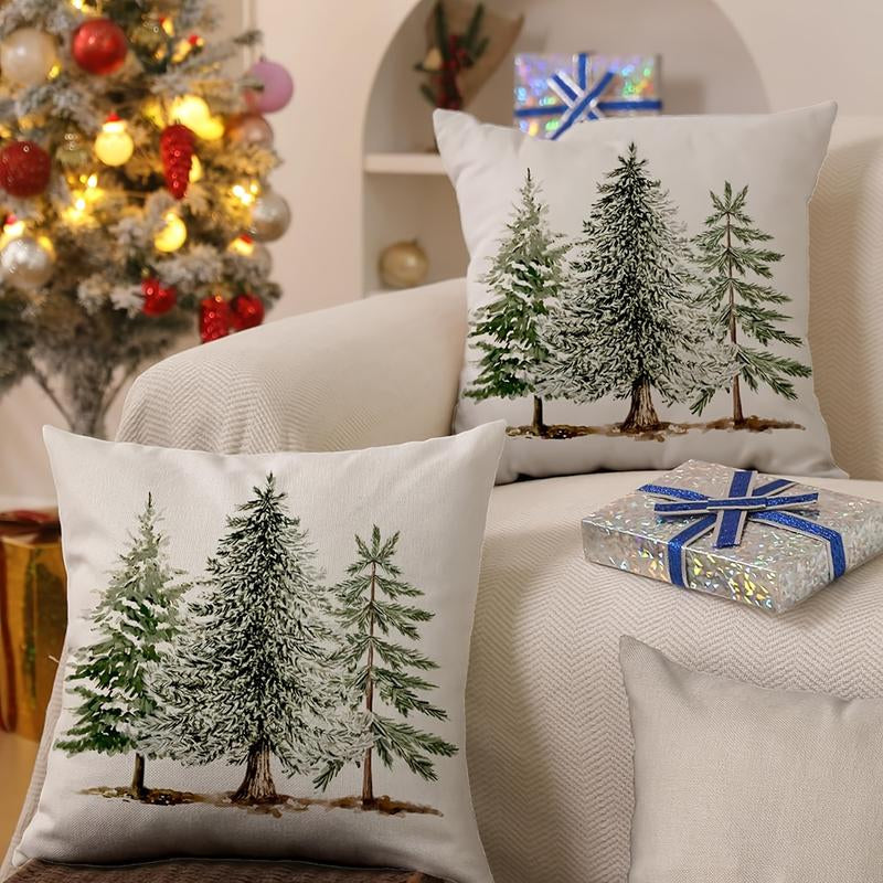 2Pcs Rustic Christmas Pillow Covers - Snowy Cedar Tree Winter Scene Printed Design, White Background with Green & Brown Accents, Zipper Closure, Machine Washable for Couch, Living Room, Bedroom Holiday Decor, Single-Sided Printing, without Pillow Core