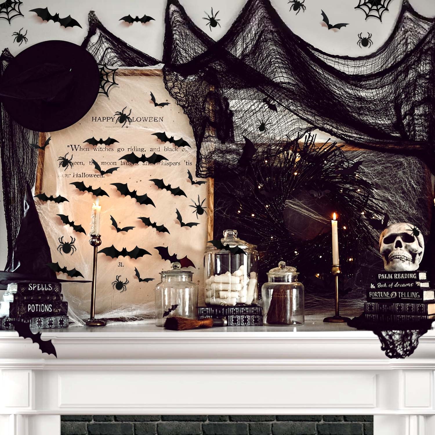 126Pcs Halloween Bat Stickers for Halloween Wall Decor and Window Clings, 3D Spider and Bat Decals for Indoor Halloween Decor