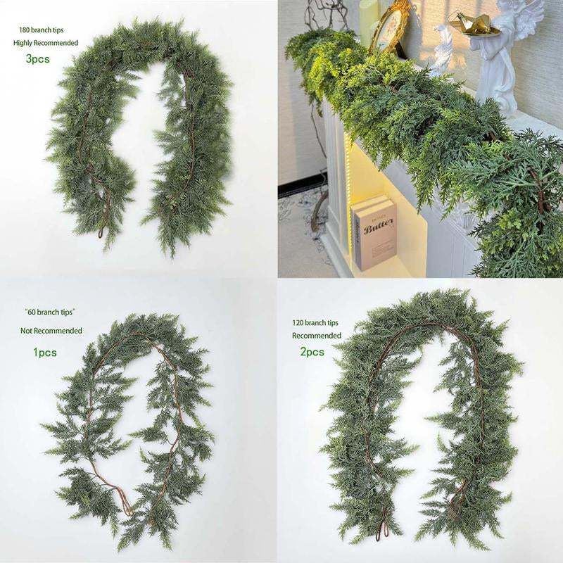 6 FT Artificial Cedar Garlands Real Touch Winter Cedar Garland Green Artificial Greenery Pine Garland for Table Mantle Wall Indoor Outdoor Christmas Decorations 180Cm Long Lightweight Durable - Ornaments