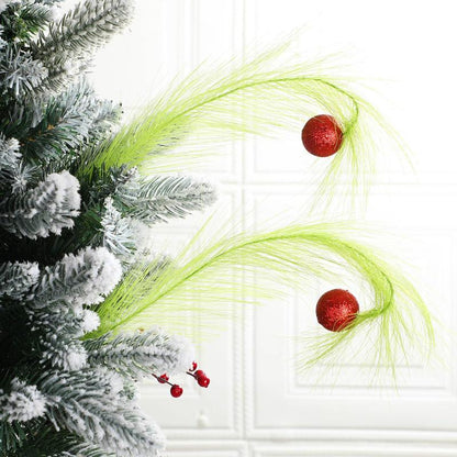 Christmas Tree Topper Set Simulation Plants Xmas Tree Branch Christmas Ornament Green Furry Faux Pampas Grass Bendable Picks Curly Artificial Stems with Berry Red Ball for Christmas Tree Decorations Wreath Vase Filler, Holiday Home Festival Craft Supplies