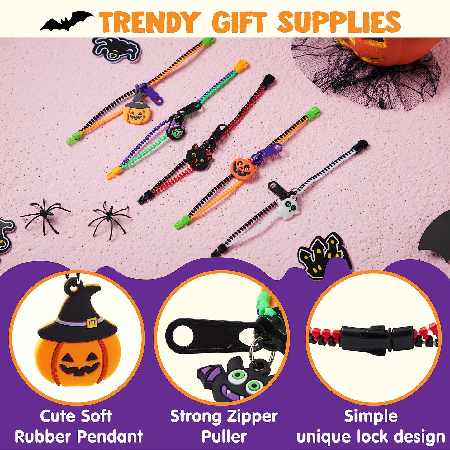 60 Pcs Halloween Zipper Bracelets Toys,Halloween Zipper Wristbands Toys Bulk for Party Favors,Halloween Goody Bag Fillers,Halloween Stretchy Toys for Classroom Prizes