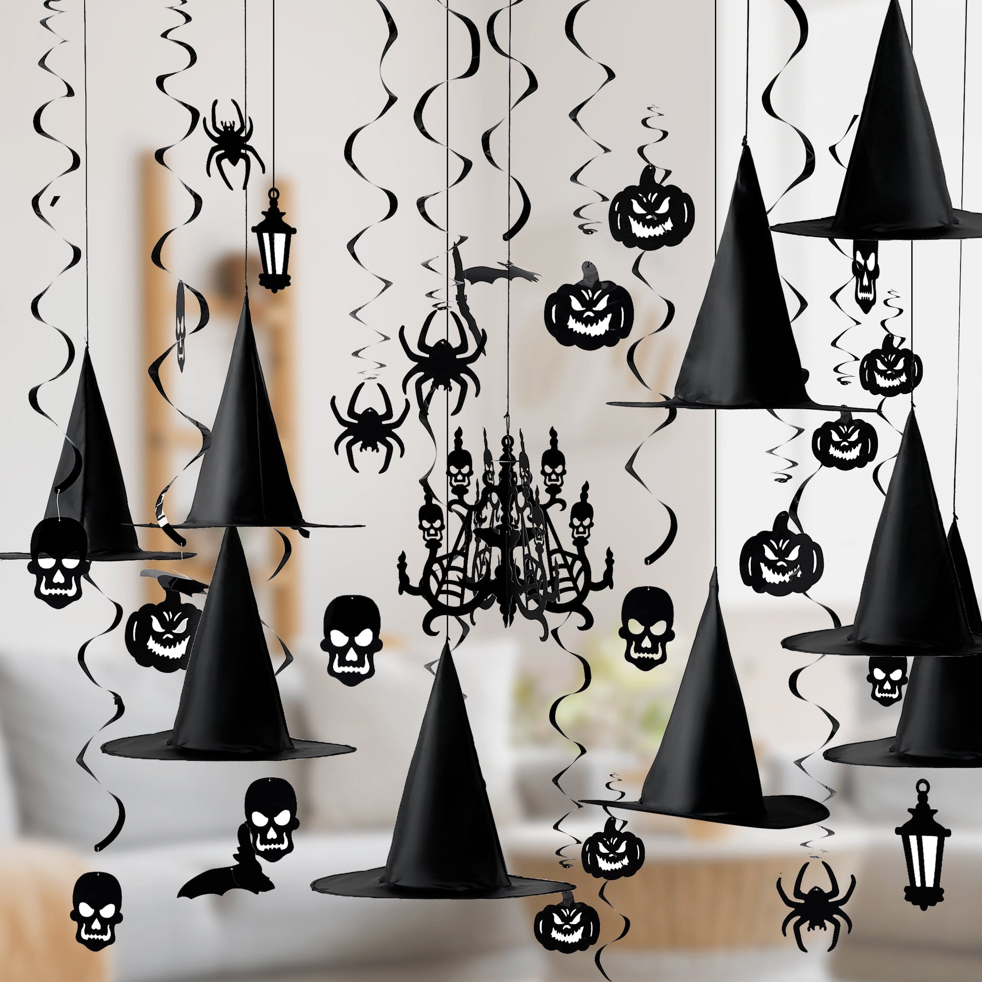 29 Pcs Halloween Hanging Swirl Decorations and Witch Hats,Halloween Decorations Indoor Birthday Party Supplies Decorations,Pumpkin Spider Ghost Decor