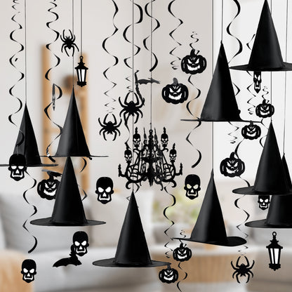 29 Pcs Halloween Hanging Swirl Decorations and Witch Hats,Halloween Decorations Indoor Birthday Party Supplies Decorations,Pumpkin Spider Ghost Decor