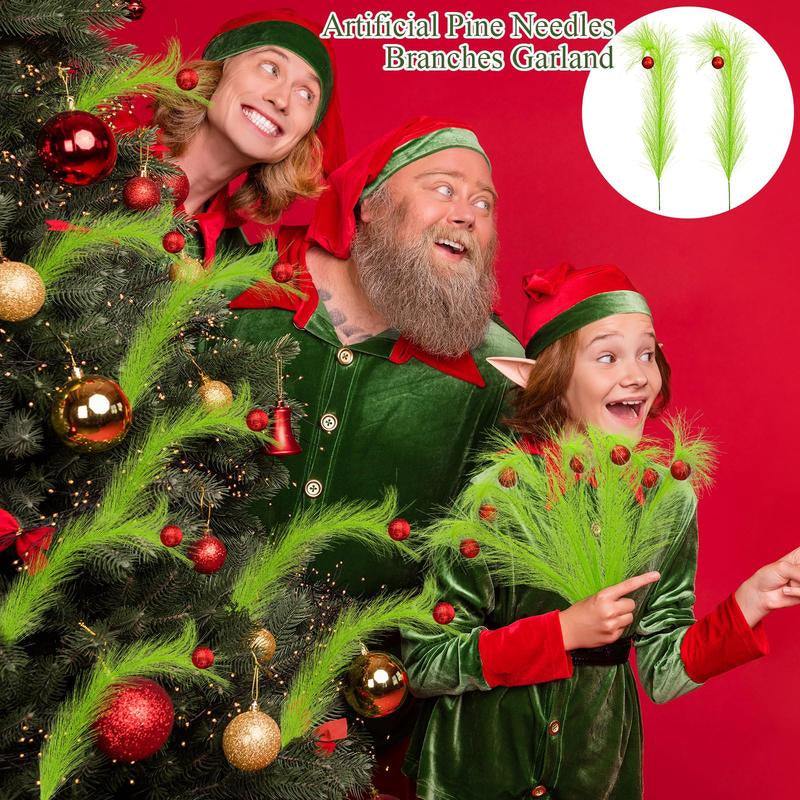 Christmas Tree Topper Set Simulation Plants Xmas Tree Branch Christmas Ornament Green Furry Faux Pampas Grass Bendable Picks Curly Artificial Stems with Berry Red Ball for Christmas Tree Decorations Wreath Vase Filler, Holiday Home Festival Craft Supplies