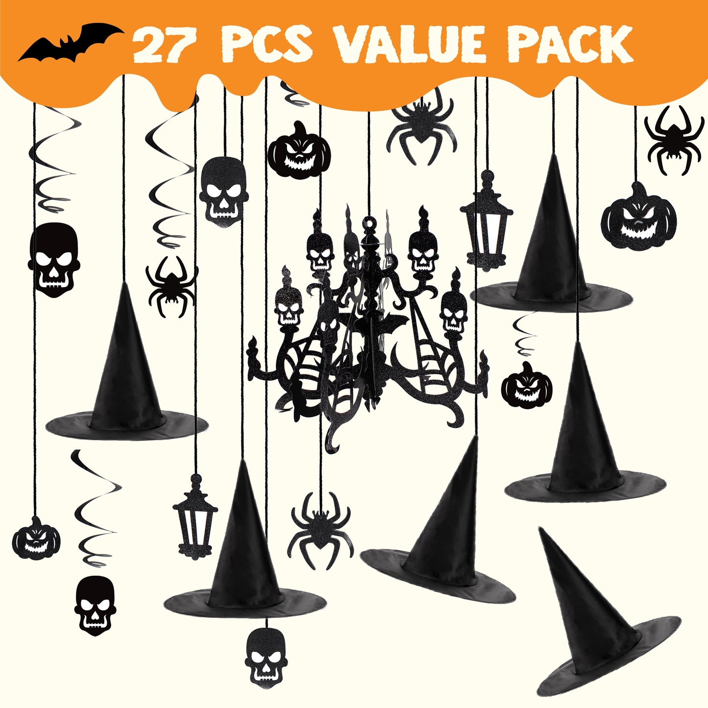 29 Pcs Halloween Hanging Swirl Decorations and Witch Hats,Halloween Decorations Indoor Birthday Party Supplies Decorations,Pumpkin Spider Ghost Decor