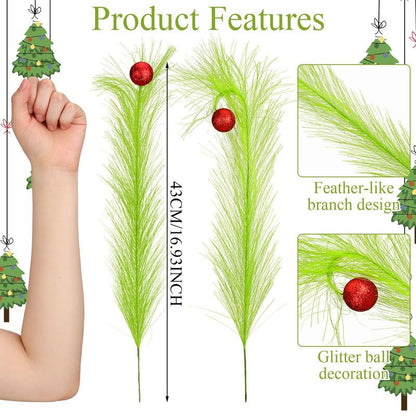 Christmas Tree Topper Set Simulation Plants Xmas Tree Branch Christmas Ornament Green Furry Faux Pampas Grass Bendable Picks Curly Artificial Stems with Berry Red Ball for Christmas Tree Decorations Wreath Vase Filler, Holiday Home Festival Craft Supplies