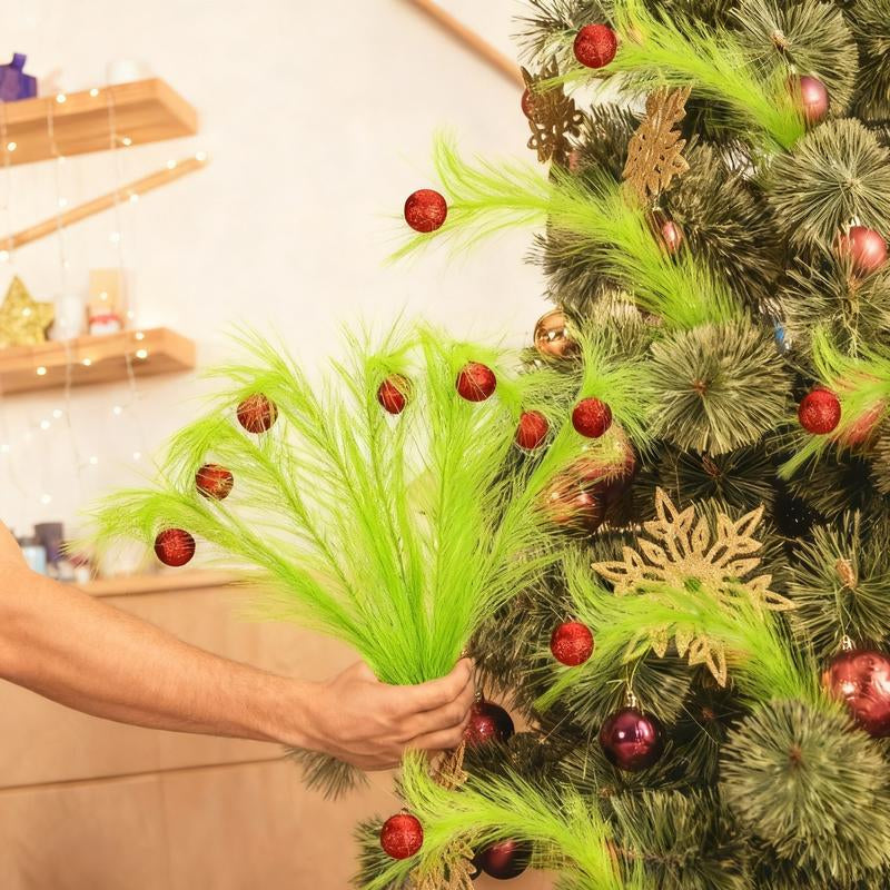 Christmas Tree Topper Set Simulation Plants Xmas Tree Branch Christmas Ornament Green Furry Faux Pampas Grass Bendable Picks Curly Artificial Stems with Berry Red Ball for Christmas Tree Decorations Wreath Vase Filler, Holiday Home Festival Craft Supplies