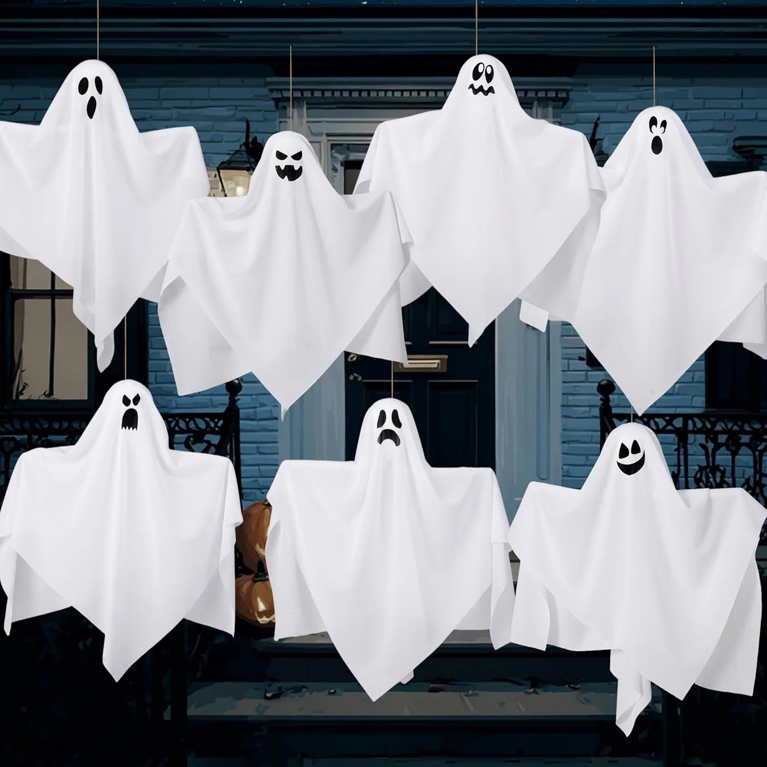7 Pcs Hanging Ghost Halloween Decorations Outdoor,19.6" Cute Flying White Ghosts Outdoor Hanging Halloween Decorations Yard Decorations