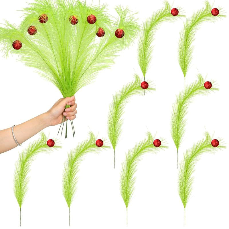 Christmas Tree Topper Set Simulation Plants Xmas Tree Branch Christmas Ornament Green Furry Faux Pampas Grass Bendable Picks Curly Artificial Stems with Berry Red Ball for Christmas Tree Decorations Wreath Vase Filler, Holiday Home Festival Craft Supplies