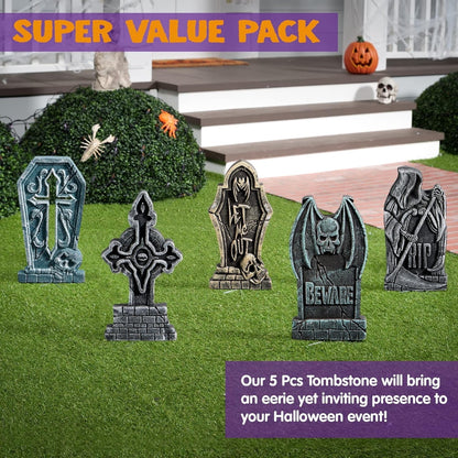 5 Pack 17 Inch Halloween Outdoor Tombstone Decorations, Halloween Foam Cemetery Headstones for Yard Lawn Outdoor Decorations