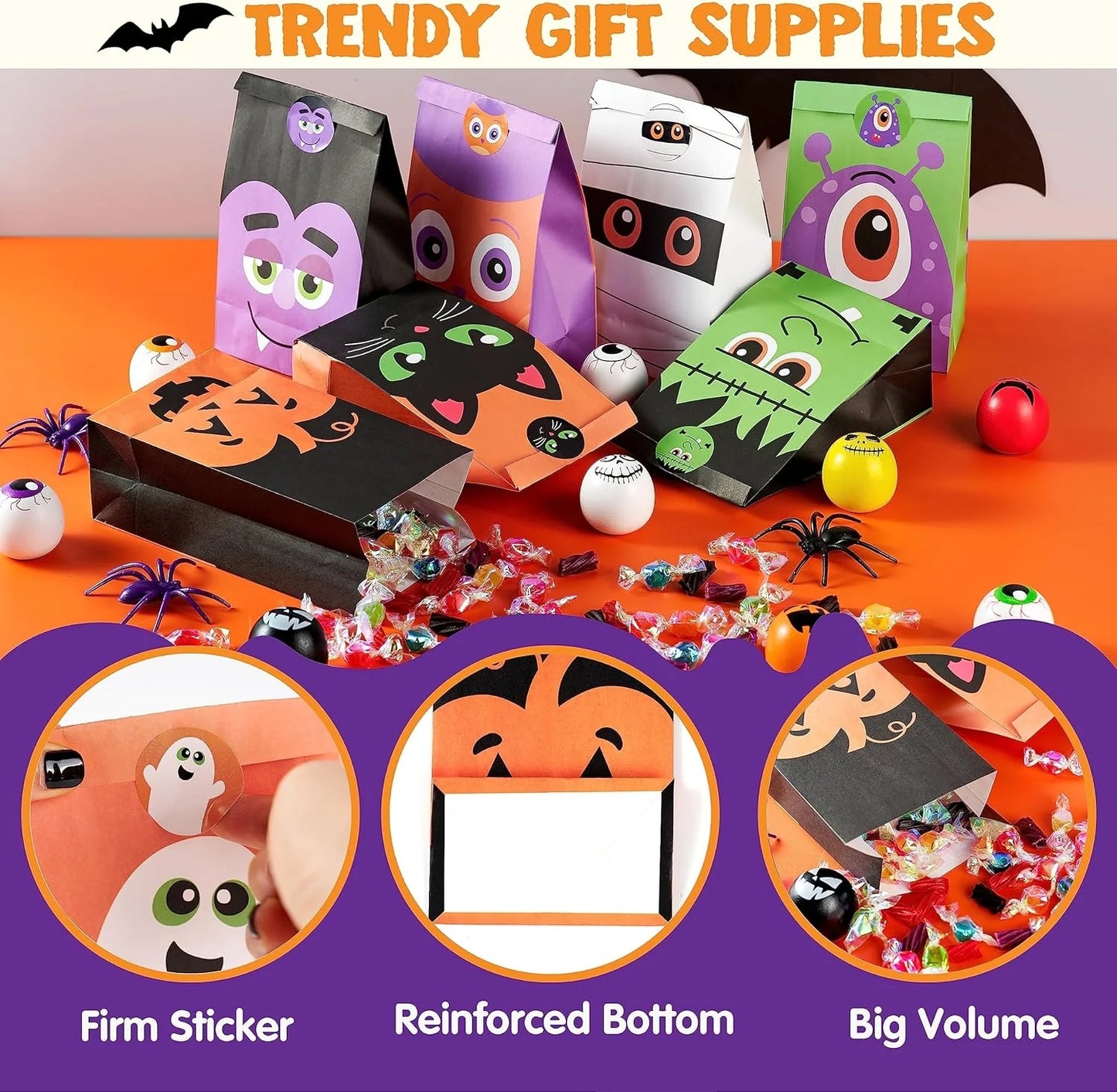 60 PCS Halloween Treat Bags with Stickers, Halloween Trick or Treat Bags for Kids Halloween Party Favors Exchange, Goodie and Candy Bags for Holiday Party Supplies