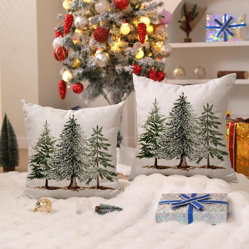 2Pcs Rustic Christmas Pillow Covers - Snowy Cedar Tree Winter Scene Printed Design, White Background with Green & Brown Accents, Zipper Closure, Machine Washable for Couch, Living Room, Bedroom Holiday Decor, Single-Sided Printing, without Pillow Core