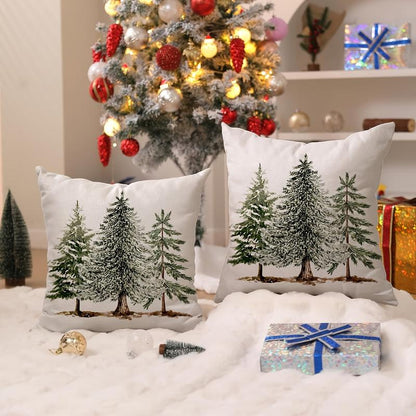 2Pcs Rustic Christmas Pillow Covers - Snowy Cedar Tree Winter Scene Printed Design, White Background with Green & Brown Accents, Zipper Closure, Machine Washable for Couch, Living Room, Bedroom Holiday Decor, Single-Sided Printing, without Pillow Core