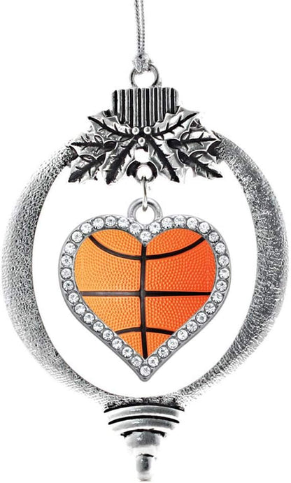 Dazzling Basketball Silver Christmas Ornament - Heart Charm with Cubic Zirconia - Perfect Holiday Decoration