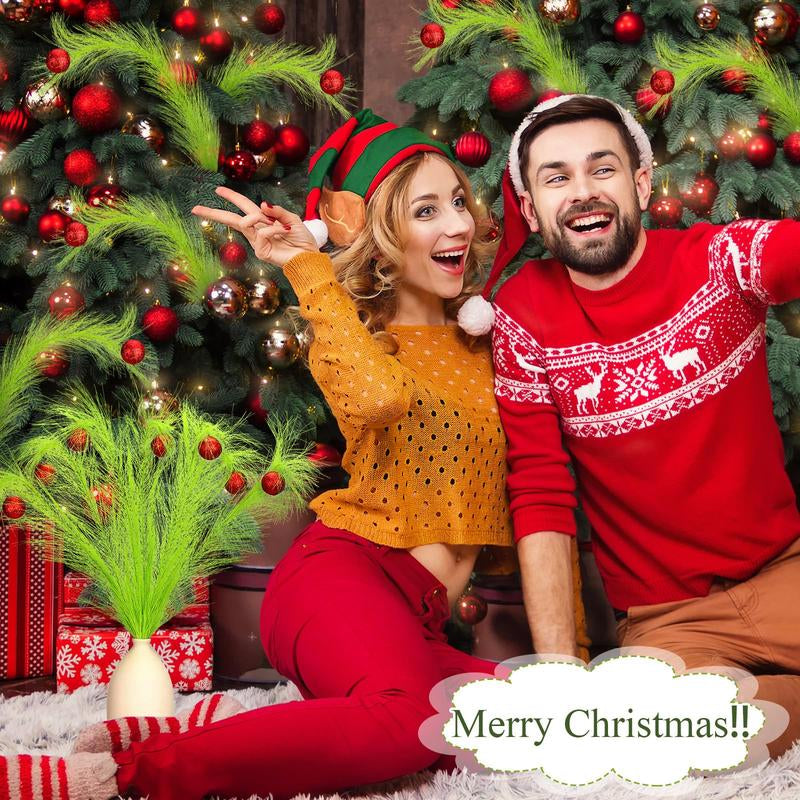 Christmas Tree Topper Set Simulation Plants Xmas Tree Branch Christmas Ornament Green Furry Faux Pampas Grass Bendable Picks Curly Artificial Stems with Berry Red Ball for Christmas Tree Decorations Wreath Vase Filler, Holiday Home Festival Craft Supplies