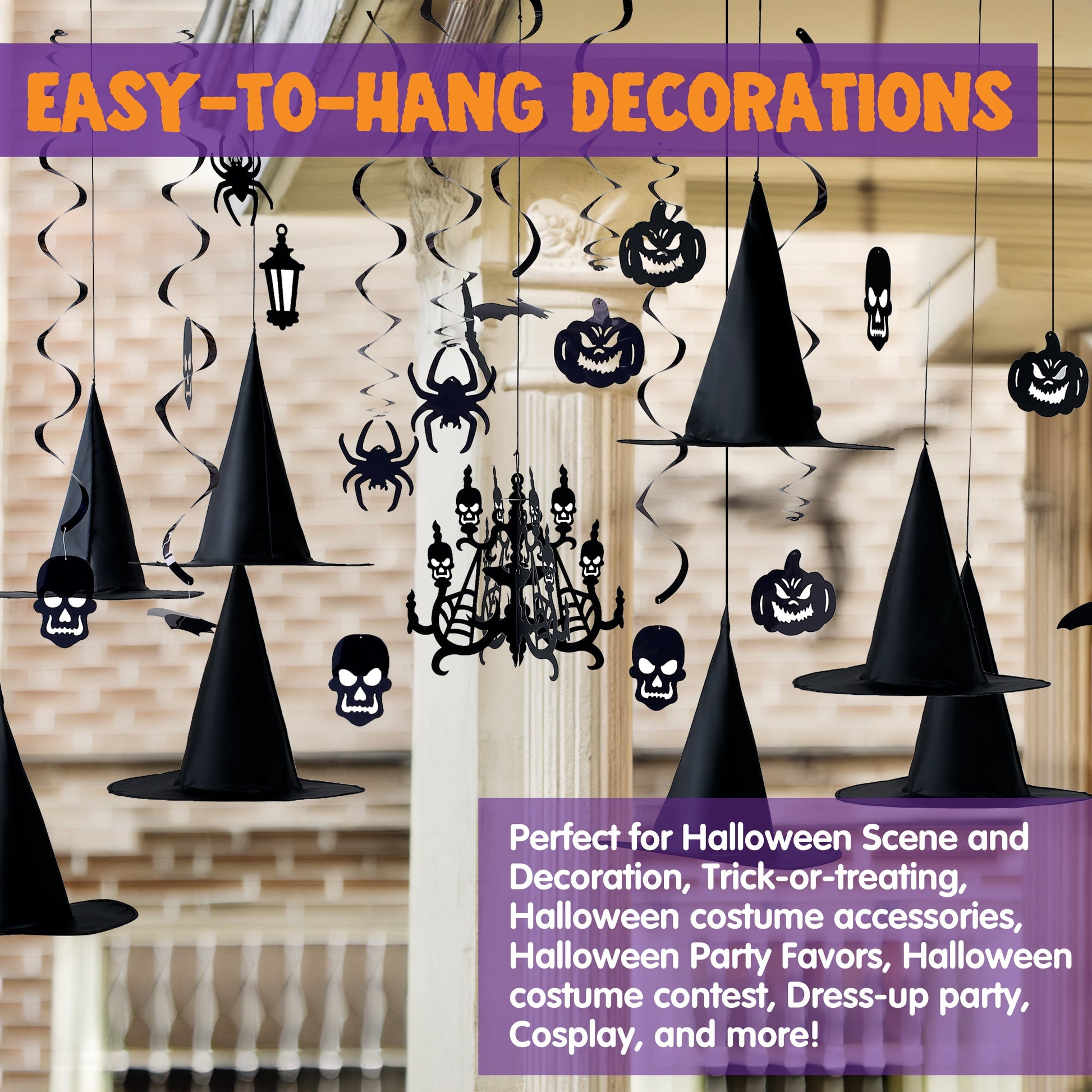 29 Pcs Halloween Hanging Swirl Decorations and Witch Hats,Halloween Decorations Indoor Birthday Party Supplies Decorations,Pumpkin Spider Ghost Decor