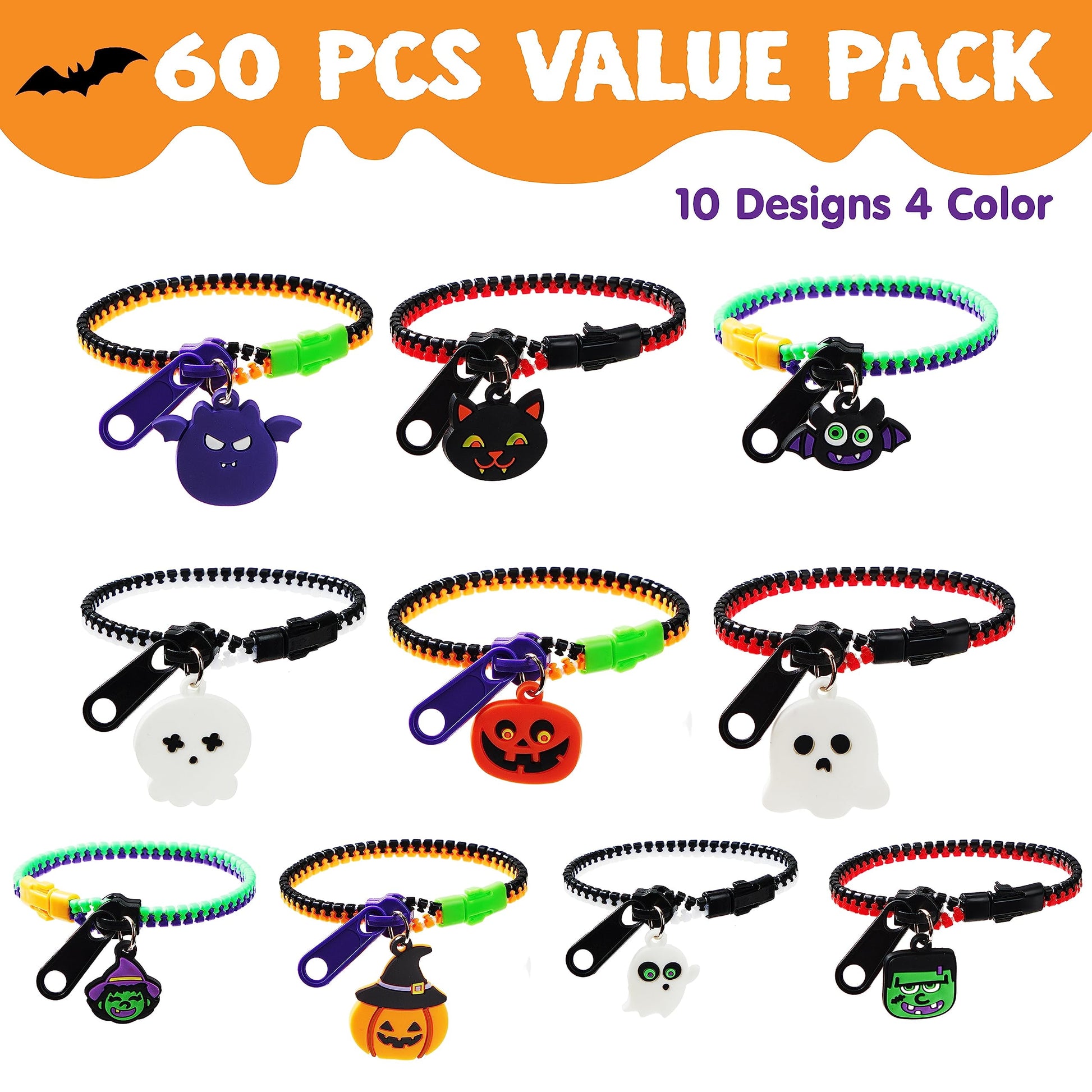 60 Pcs Halloween Zipper Bracelets Toys,Halloween Zipper Wristbands Toys Bulk for Party Favors,Halloween Goody Bag Fillers,Halloween Stretchy Toys for Classroom Prizes