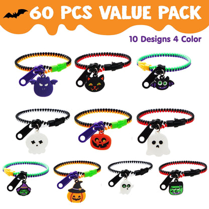60 Pcs Halloween Zipper Bracelets Toys,Halloween Zipper Wristbands Toys Bulk for Party Favors,Halloween Goody Bag Fillers,Halloween Stretchy Toys for Classroom Prizes