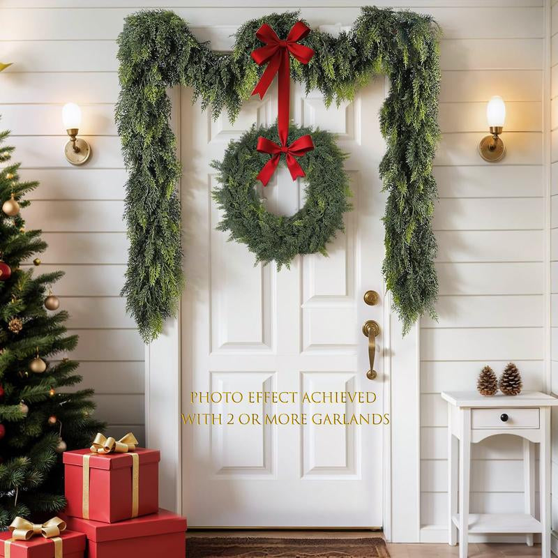 6 FT Artificial Cedar Garlands Real Touch Winter Cedar Garland Green Artificial Greenery Pine Garland for Table Mantle Wall Indoor Outdoor Christmas Decorations 180Cm Long Lightweight Durable - Ornaments