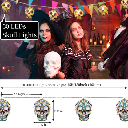 Halloween String Lights, 15Ft 30 LED Skull Halloween Lights Halloween Decorations Indoor Outdoor