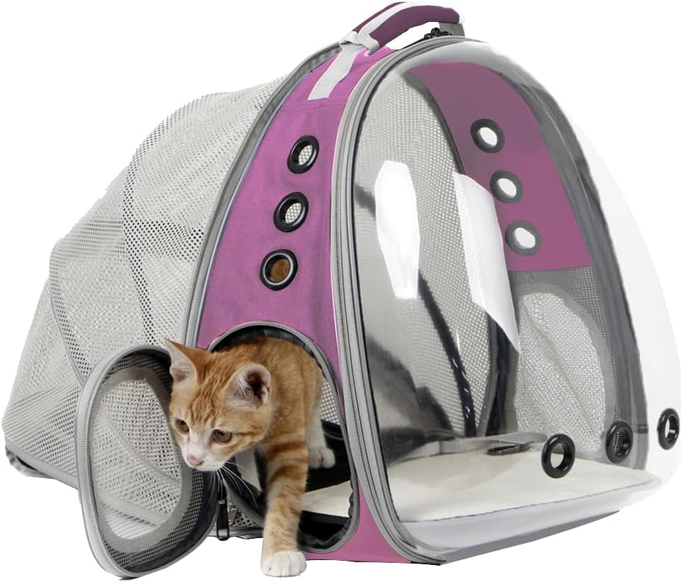 Expandable Pink Cat Backpack Carrier, Fit up to 12 Lbs, Space Capsule Clear Bubble Window Pet Carrier Backpack for Kitten Bunny Rabbit and Small Puppy