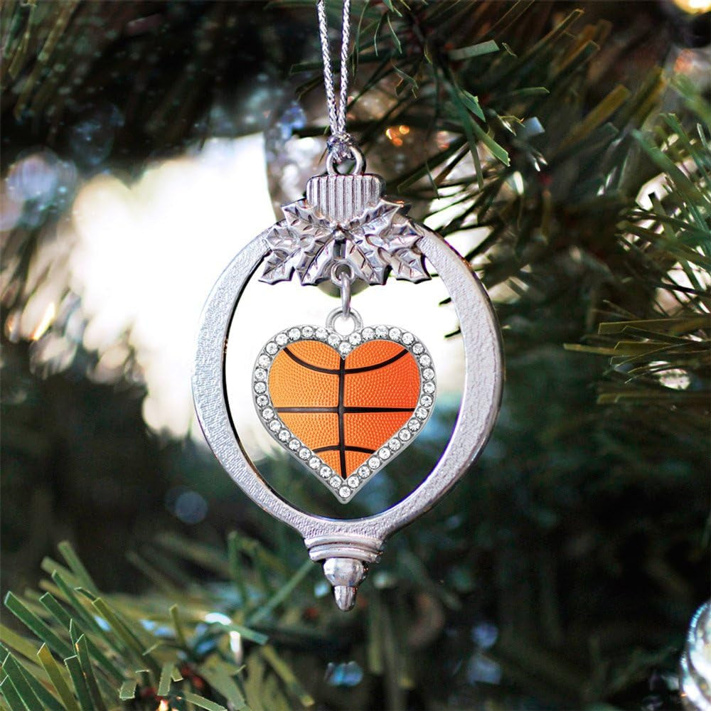 Dazzling Basketball Silver Christmas Ornament - Heart Charm with Cubic Zirconia - Perfect Holiday Decoration