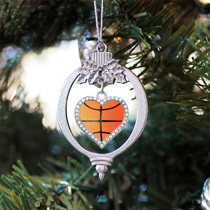 Dazzling Basketball Silver Christmas Ornament - Heart Charm with Cubic Zirconia - Perfect Holiday Decoration