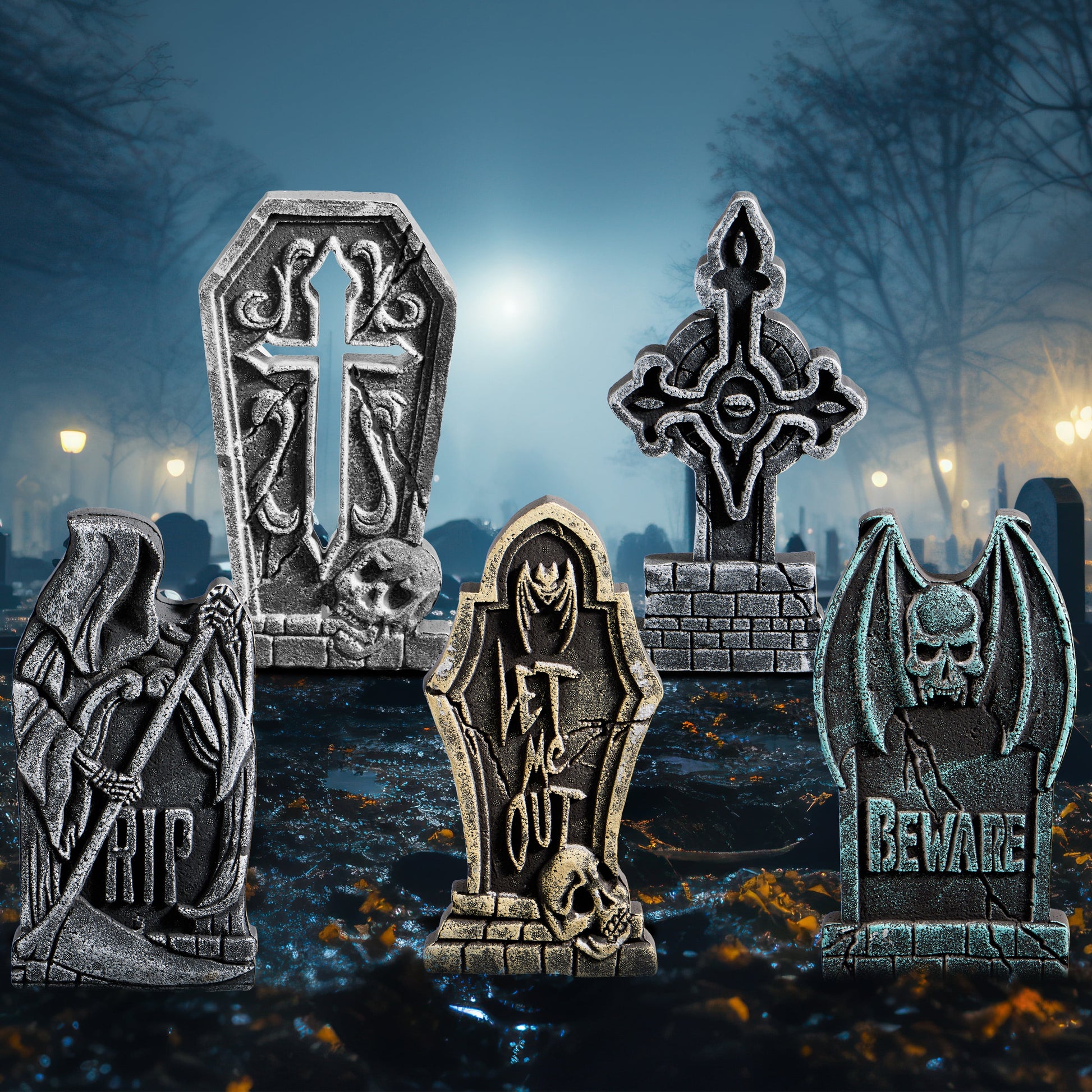 5 Pack 17 Inch Halloween Outdoor Tombstone Decorations, Halloween Foam Cemetery Headstones for Yard Lawn Outdoor Decorations