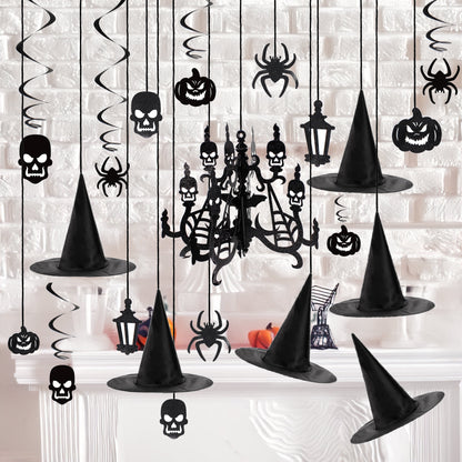 29 Pcs Halloween Hanging Swirl Decorations and Witch Hats,Halloween Decorations Indoor Birthday Party Supplies Decorations,Pumpkin Spider Ghost Decor