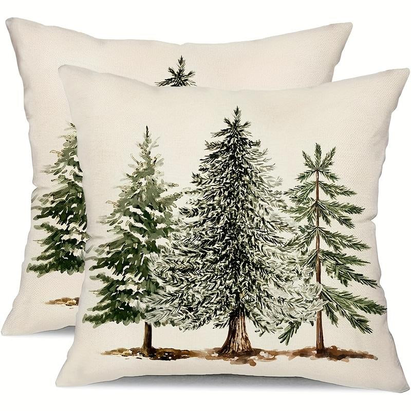 2Pcs Rustic Christmas Pillow Covers - Snowy Cedar Tree Winter Scene Printed Design, White Background with Green & Brown Accents, Zipper Closure, Machine Washable for Couch, Living Room, Bedroom Holiday Decor, Single-Sided Printing, without Pillow Core