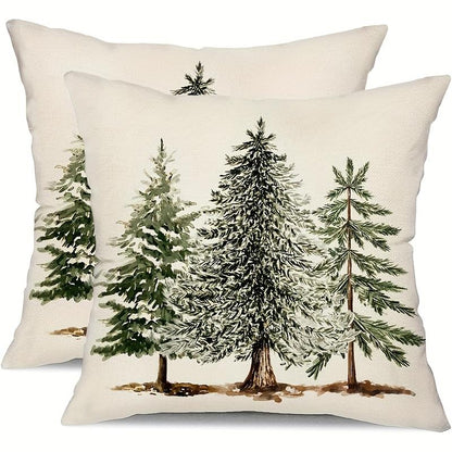 2Pcs Rustic Christmas Pillow Covers - Snowy Cedar Tree Winter Scene Printed Design, White Background with Green & Brown Accents, Zipper Closure, Machine Washable for Couch, Living Room, Bedroom Holiday Decor, Single-Sided Printing, without Pillow Core