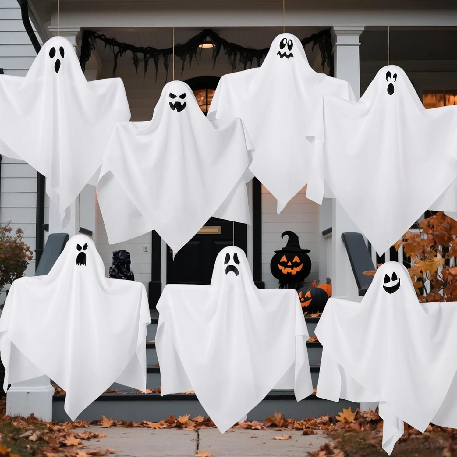 7 Pcs Hanging Ghost Halloween Decorations Outdoor,19.6" Cute Flying White Ghosts Outdoor Hanging Halloween Decorations Yard Decorations