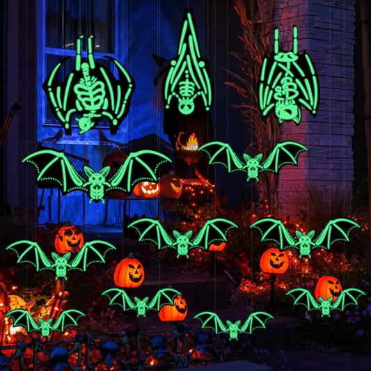 Halloween Hanging Bats Decorations Outdoor, 12Pcs 3D Glowing Hanging Flying Bat for Hanging in the Tree, Porch, Yard, Lawn
