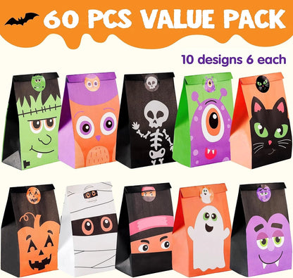 60 PCS Halloween Treat Bags with Stickers, Halloween Trick or Treat Bags for Kids Halloween Party Favors Exchange, Goodie and Candy Bags for Holiday Party Supplies