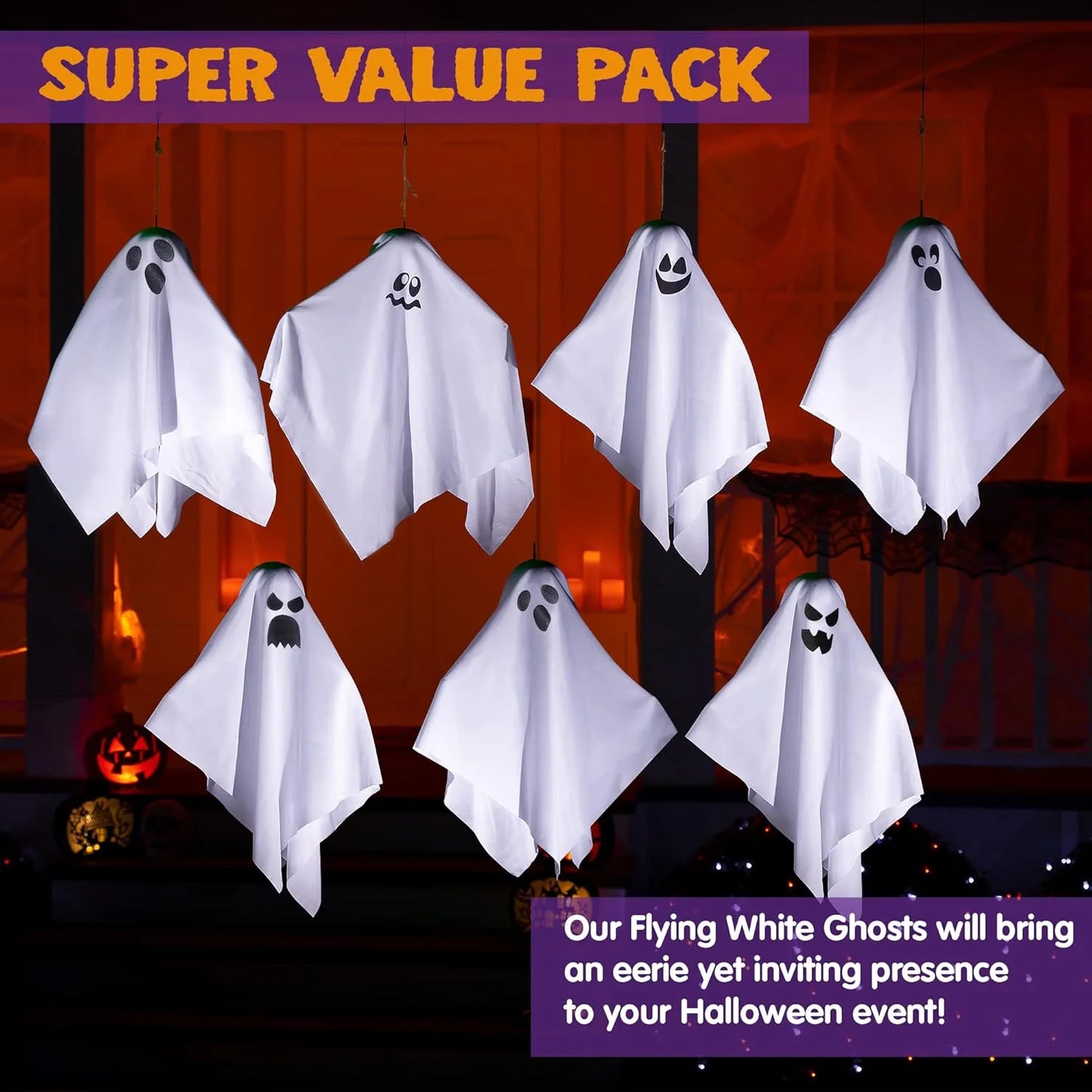 7 Pcs Hanging Ghost Halloween Decorations Outdoor,19.6" Cute Flying White Ghosts Outdoor Hanging Halloween Decorations Yard Decorations